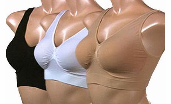 LINDYS LASHES SPORTS STYLE BRA SEAMLESS STRETCH SET OF 3 (SOFT/MEDIUM CONTROL) NUDE-BLACK-WHITE all SIZES 6-20 (XL DRESS SIZE 16)