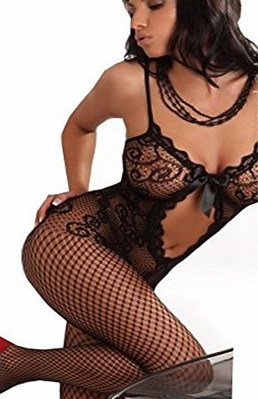 Livia Corsetti Fashion Livco Corsetti Magali Fishnet Bodystocking with Satin Ribbon Front One Size (UK 6-14) amp; Plus Size (UK 14-22)