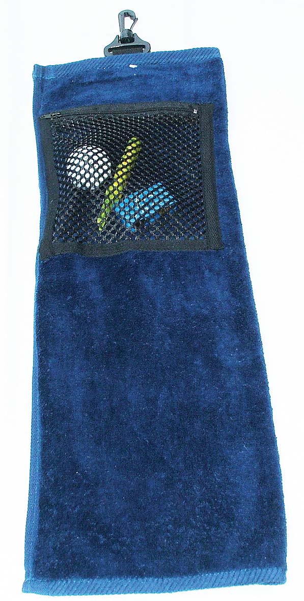 2-FOLD GOLF TOWEL WITH MESH POCKET NAVY