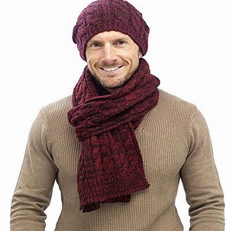 Lora Dora Mens Luxury Fairisle Bobble Set Cable Knit Slouch Beanie Bobble Hat   Scarf Gift Set Warm Winter Gents Boys Red/Blue