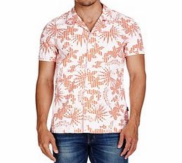 Orange and white leaf print cotton shirt