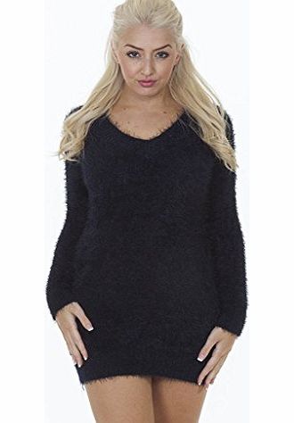 Ladies V-neck Fluffy Body Length Long Sleeve Jumper Dress Top - Size S M L XL XXL XXXL 8 10 12 14 16 18