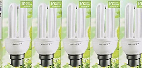 Lowenergie (5 Pack) 11W (=60W) Energy Saving CFL Light Bulbs, B22 B22d BC Bayonet Cap, Stick, 10 Years by Lowenergie