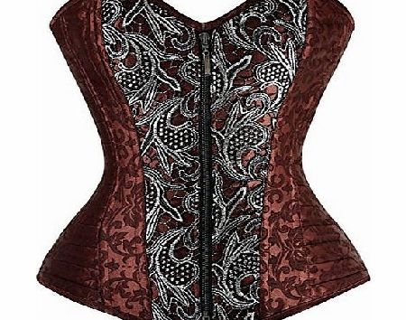 Lucea Womens Brocade Steampunk Embroidery Zipper Steel Boned Overbust Corset Brown XX-Large