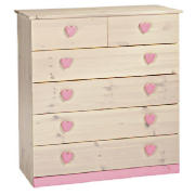 Hearts 5 Drawer Chest, White Wash Pine