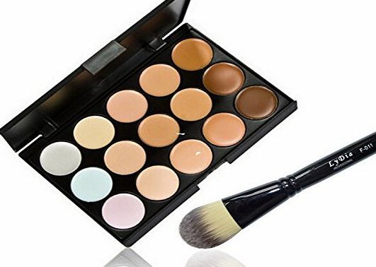 LyDia 15 Colours Cream Concealer/Highlight/Face Contour Camouflage Palette Dull/Redness Skin/Black Circle kit set   LyDia Black Foundation/Concealer Brush F-011