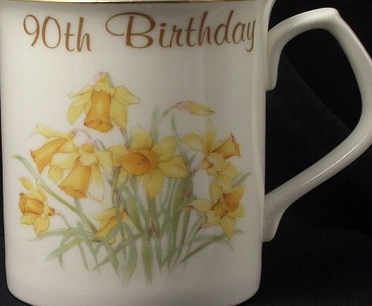 Lyndas Gifts 90th Birthday gift Mug in Bone China decorated in the Daffodil pattern