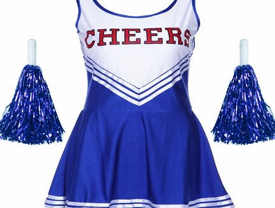 maboobie VARSITY COLLEGE SPORTS CHEERLEADER HIGH SCHOOL GIRL MUSICAL UNIFORM FANCY DRESS COSTUME OUTFIT W/ POM POMS uk 4 6 8 10 12 14 16 18 FREE POSTAGE BLUE