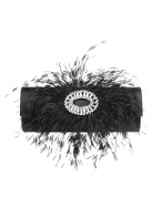 Jeweled Black Feather Evening Satin Clutch