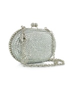 Jeweled Oval Silver Evening Kiss Lock Clutch w/Chain Strap