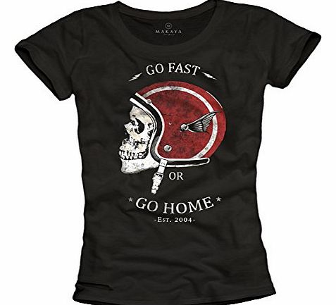 MAKAYA Vintage Womens Rockabilly Skull T-Shirt with Motorcycle Helmet Black Size M