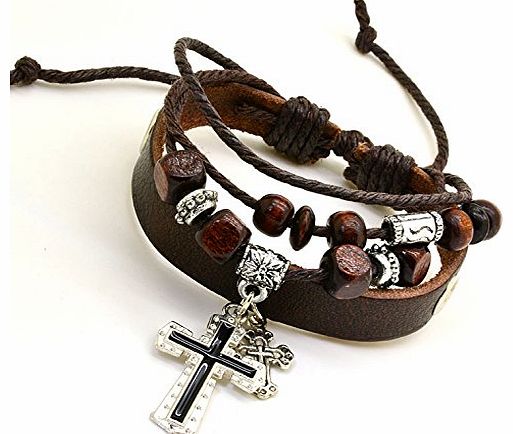 mallianao atsuko Handmade Knitted Vintage Two Cross Beaded Leather Bracelet Bangle Punk Retro Style