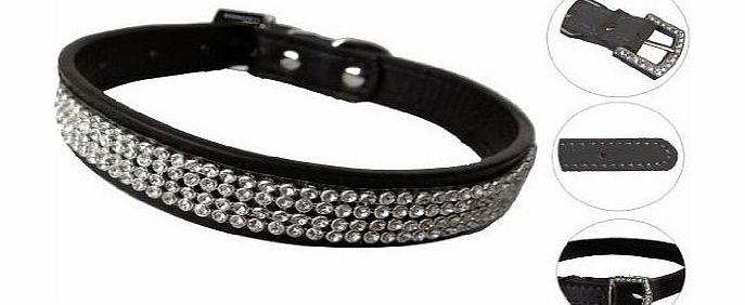 Mammoth XT Rhinestone Crystal Diamond Black Leather Collar - Dog / Puppy / Cat / Pet - MEDIUM