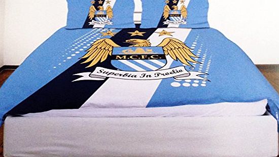 Man City OFFICIAL MANCHESTER CITY MAN CITY FC CREST STRIPE PANEL SPOT DOUBLE DUVET SET QUILT COVER BEDDING DOUBLE DUVET AND 2 X PILLOWCASE (MCDD1)