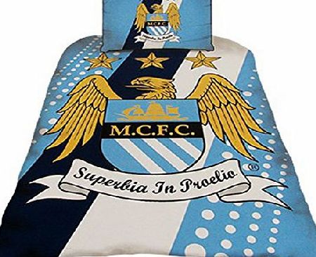 Man City OFFICIAL MANCHESTER CITY MAN CITY FC CREST STRIPE PANEL SPOT SINGLE DUVET SET QUILT COVER BEDDING SINGLE DUVET AND PILLOWCASE (MCSSD1)