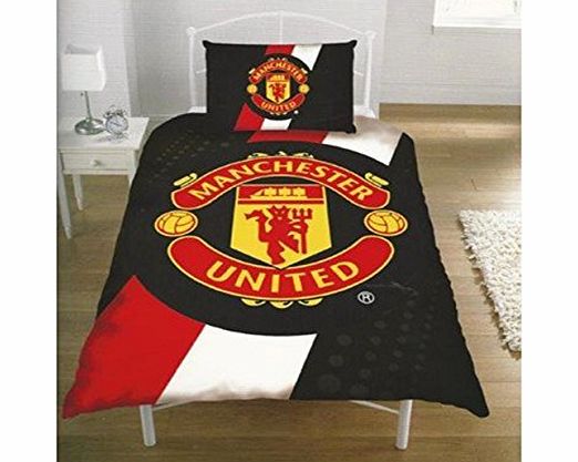 Man U OFFICIAL MANCHESTER UNITED FC CREST STRIPE PANEL SPOT SINGLE DUVET SET QUILT COVER BEDDING SINGLE DUVET AND PILLOWCASE (MANUSD1)