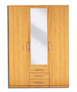 Manhattan 3 Door- 3 Drawer Mirrored Wardrobe - Beech Effect