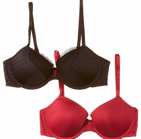 Marie Meili Womens Val T-Shirt Plain Set of 2 Everyday Bra, Black (Black Dot Flock/Rouge), 32D