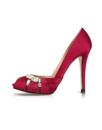 Mario Bologna Jeweled Plum Satin Peep-Toe Pump Shoes