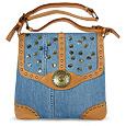 Embellished Denim and Calf Leather Messenger Bag