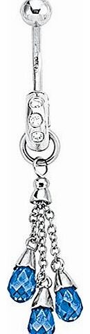 Mbody : 9ct White Gold, Hinged, CZ Set Belly Ring/Banana Bar, with Triple Briolette Tear Drop Tanzanite Blue Cz Dropper. 1.6mm x 10mm Banana Bar