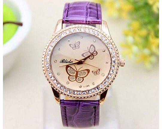 Menu Life Diamond Shining Colored Butterfly Woman Watch Dress Watch PU leather (Purple)