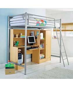 metal High Sleeper with Wardrobe, Desk and Comfort Mattress