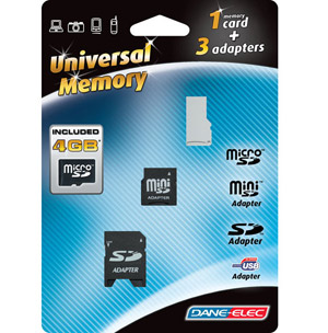 Secure Digital High Capacity (microSDHC) Memory Card - 4GB - With 3 adapters - Dane-Elec