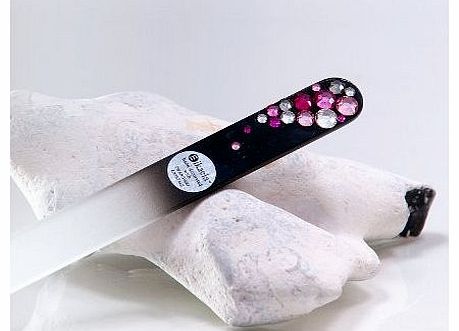 mikaela Luxury Glass Nail File with Swarovski Crystals in black velvet sleeve, Pink / Black