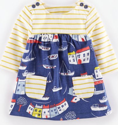 Mini Boden, 1669[^]34993196 Hotchpotch Jersey Baby Dress Coastal Town/Yellow