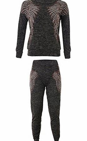 Miss Ta-daa NEW Womens Ladies DIAMANTE Wing MARL Jumper JOGGER Pant TRACKSUIT Size (S/M, Charcoal)