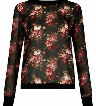 Black Chiffon Front Floral Print Blouse