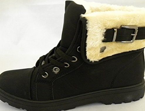 Mojoshu LADIES WOMENS FUR HIGH TOP ANKLE LACE UP GOOD GRIP FLAT DESERT BOOT SIZE 3 - 8 (UK 6/ EU 39, BLACK)