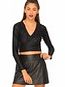 Wrap Crackle Long Sleeve Crop Top in Black