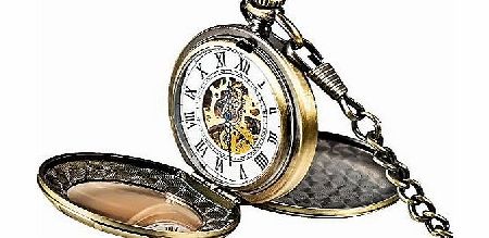 Mudder Classic Double-Hunter Windup Skeleton Steel Mens Roman Mechanical Pocket Watch