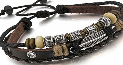 MunkiMix Alloy Genuine Leather Bracelet Bangle Rope Brown Silver Angel Wing Feather Surfer Wrap Vintage Adjustable Fit 7~9 inch Men,Women