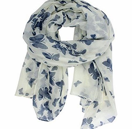 Museya 180*100cm Fashion All-match Womens Girls Butterfly Printed Long Soft Voile Scarf Muffler Shawl Wrap (White)