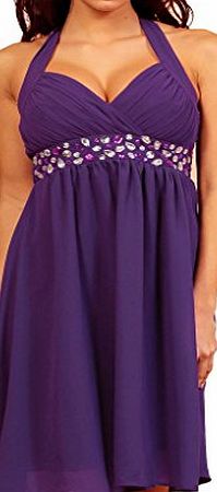 MY EVENING DRESS Fashion House Halter Neck Chiffon Party Cocktail Dress Purple Size 8