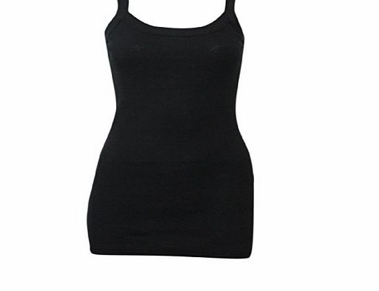 MYSHOESTORE WOMENS PLAIN STRETCHY LADIES RIBBED VEST TOP T SHIRT RIB STRAP SIZES (M/L ( UK 12 - 14 ), Black)