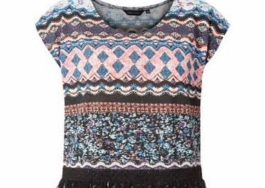 Blue Ethnic Pring Fringed Hem T-Shirt 3127584