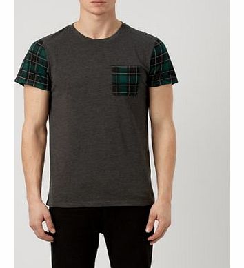 Dark Grey Contrast Check Sleeve T-Shirt 3315578