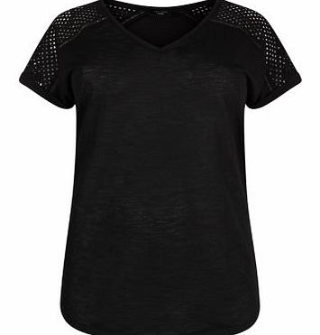 Inspire Black V Neck Broderie Sleeve T-Shirt