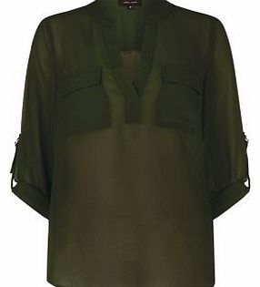 New Look Khaki Pocket Front Chiffon Blouse 3222746