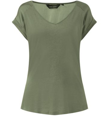 Khaki Sateen Shoulder V Neck T-Shirt 3194284