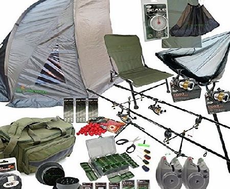 NGT Full Carp Fishing Set up Rods Reels Bite Alarms Fishing Chair Bivvy Shelter