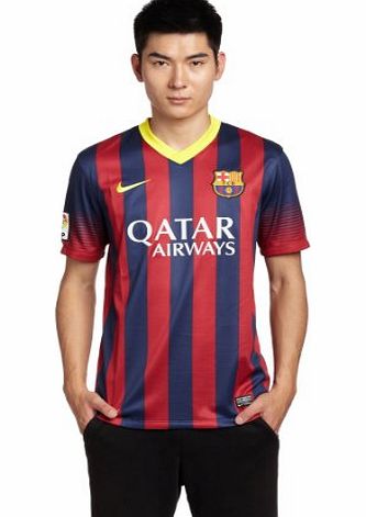 Nike Mens FC Barcelona Home Short Sleeve Jersey - Midnight Navy/Storm Red/Vibrant Yellow, Medium