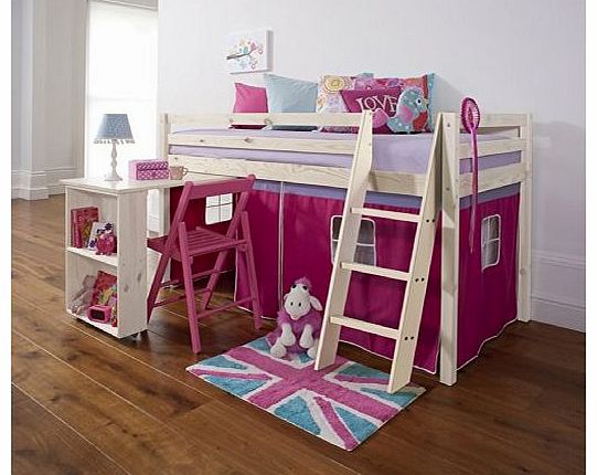 Mid Sleeper Wooden Whitewash Bunk Bed, Cabin bed+ Desk PINK WW