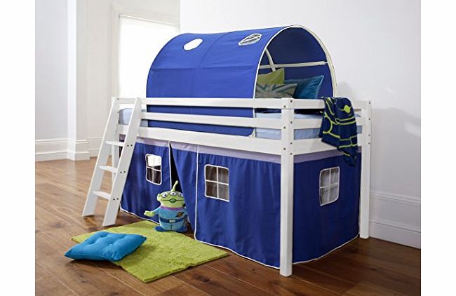 Noa and Nani Midsleeper Cabin Bed in Solid White with Tent and Tunnel in Blue