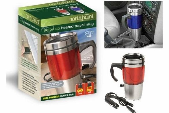 NT International New 16oz Stylish USB-12v Car Heated StainlessSteel Travel Electric Mug Kettle BN