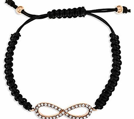 Ornami Rose Gold Plated Crystal Plaited Black Leather Adjustable Bracelet Infinity of Love of 19cm